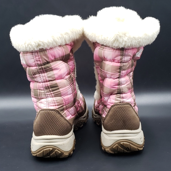 The North Face Nuptse Goose Down and Fur Winter Boots-Pink Plaid Girls Size 5 - Picture 8 of 12